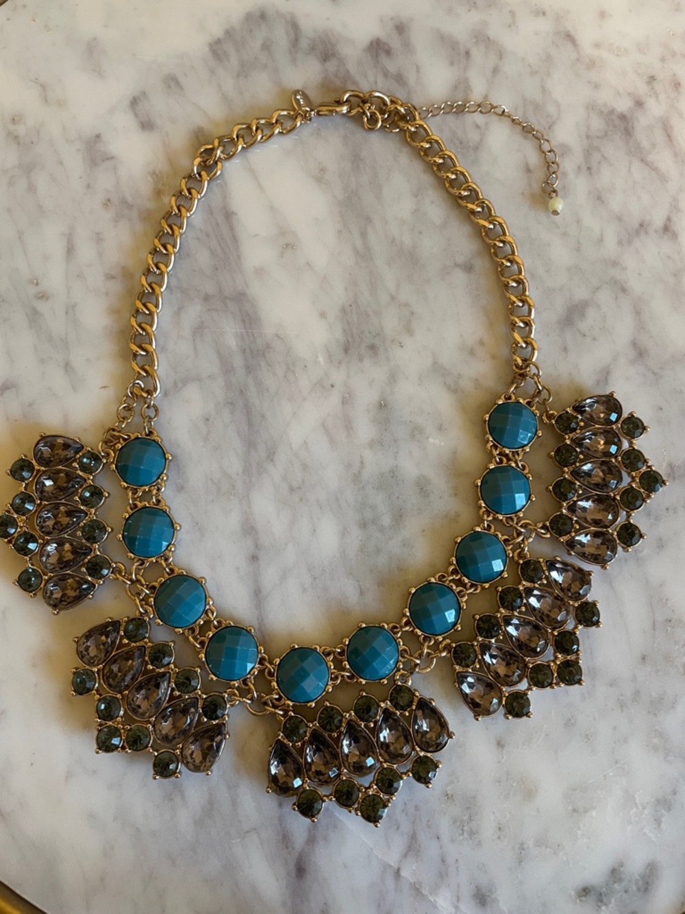 Gold Statement Necklace with Turquoise and Smoky Crystals